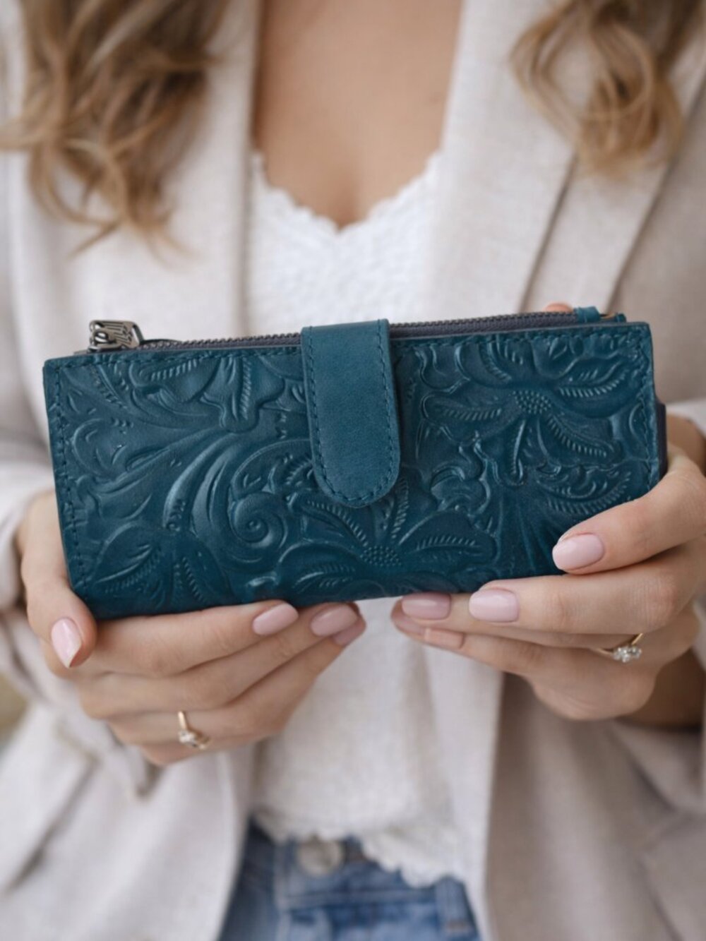 PATRICIA NASH Nazari Blue Coral Tooled Bifold RFID Leather Wallet